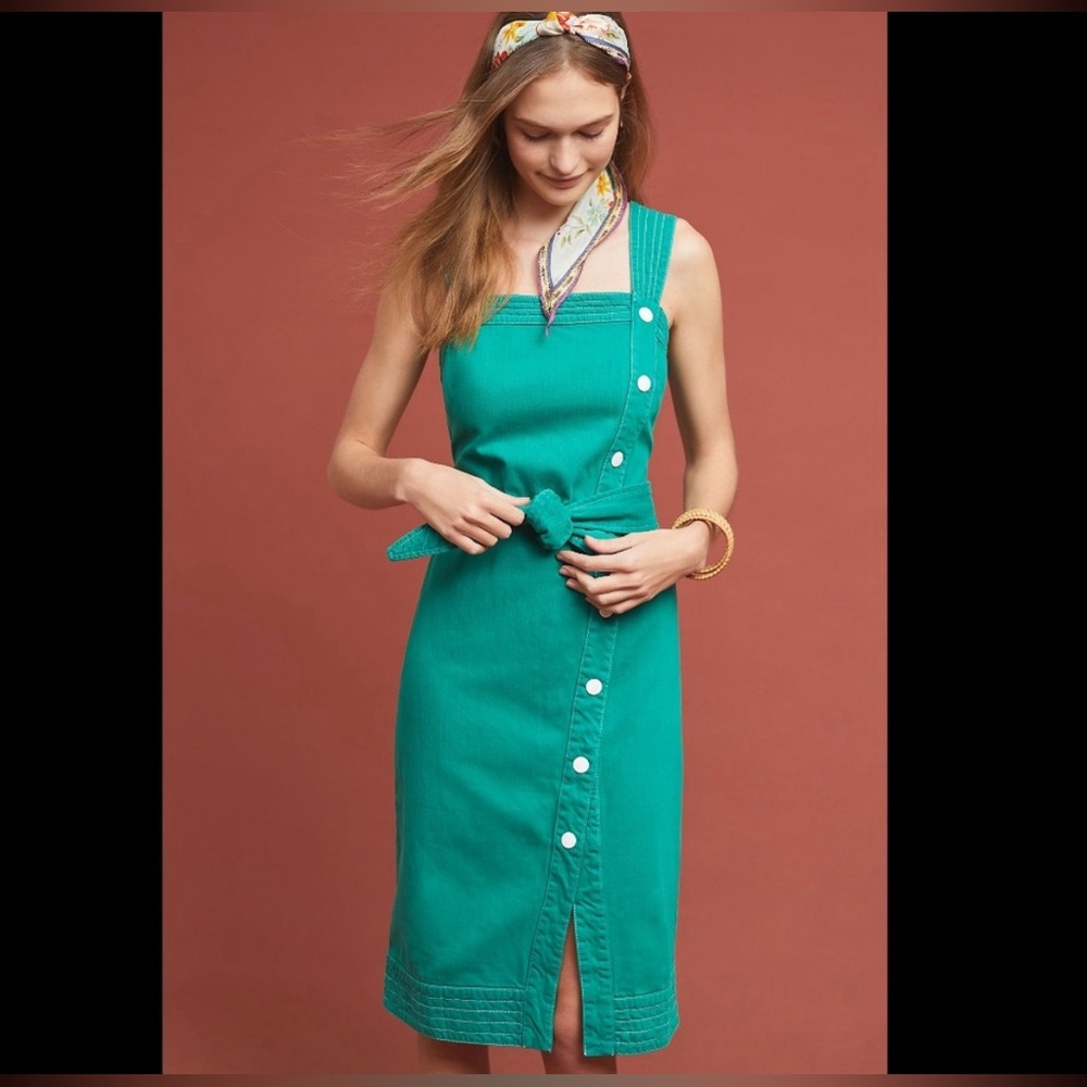 Maeve for Anthropologie Elizabeth Green Midi Dress with Side Buttons